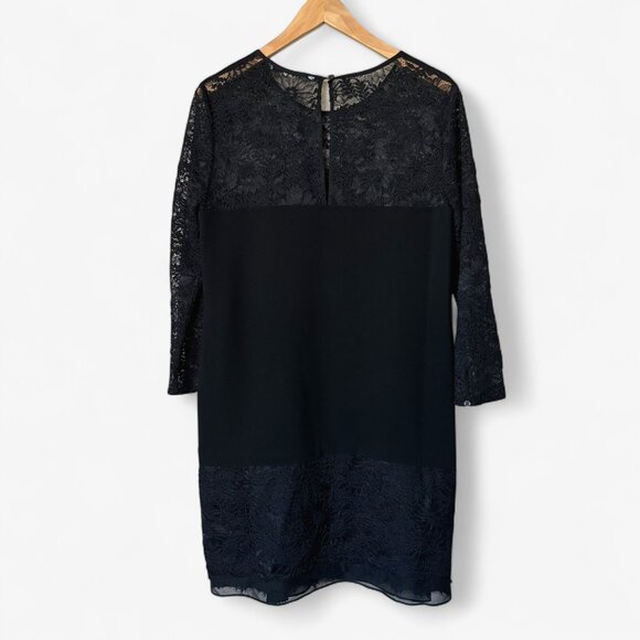 Diane von Furstenberg Lace Trimmed Black Shift Mini Dress Womens Size Medium LBD - Picture 13 of 16